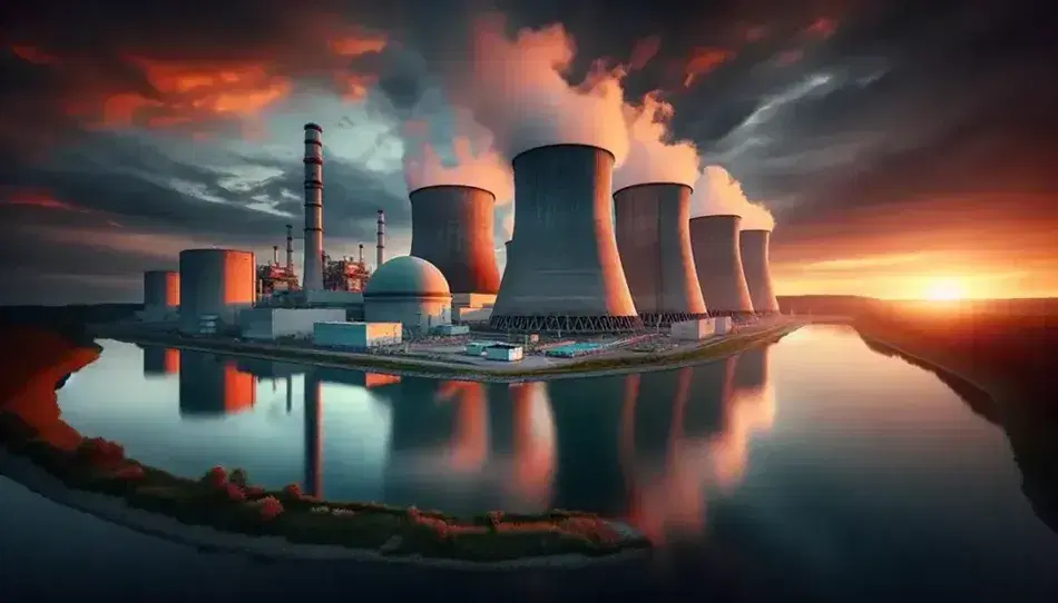 Centrale nucleare al tramonto con cupola grigia, torri di raffreddamento e vapore, riflessi arancioni sul bacino d'acqua, area verde in primo piano.