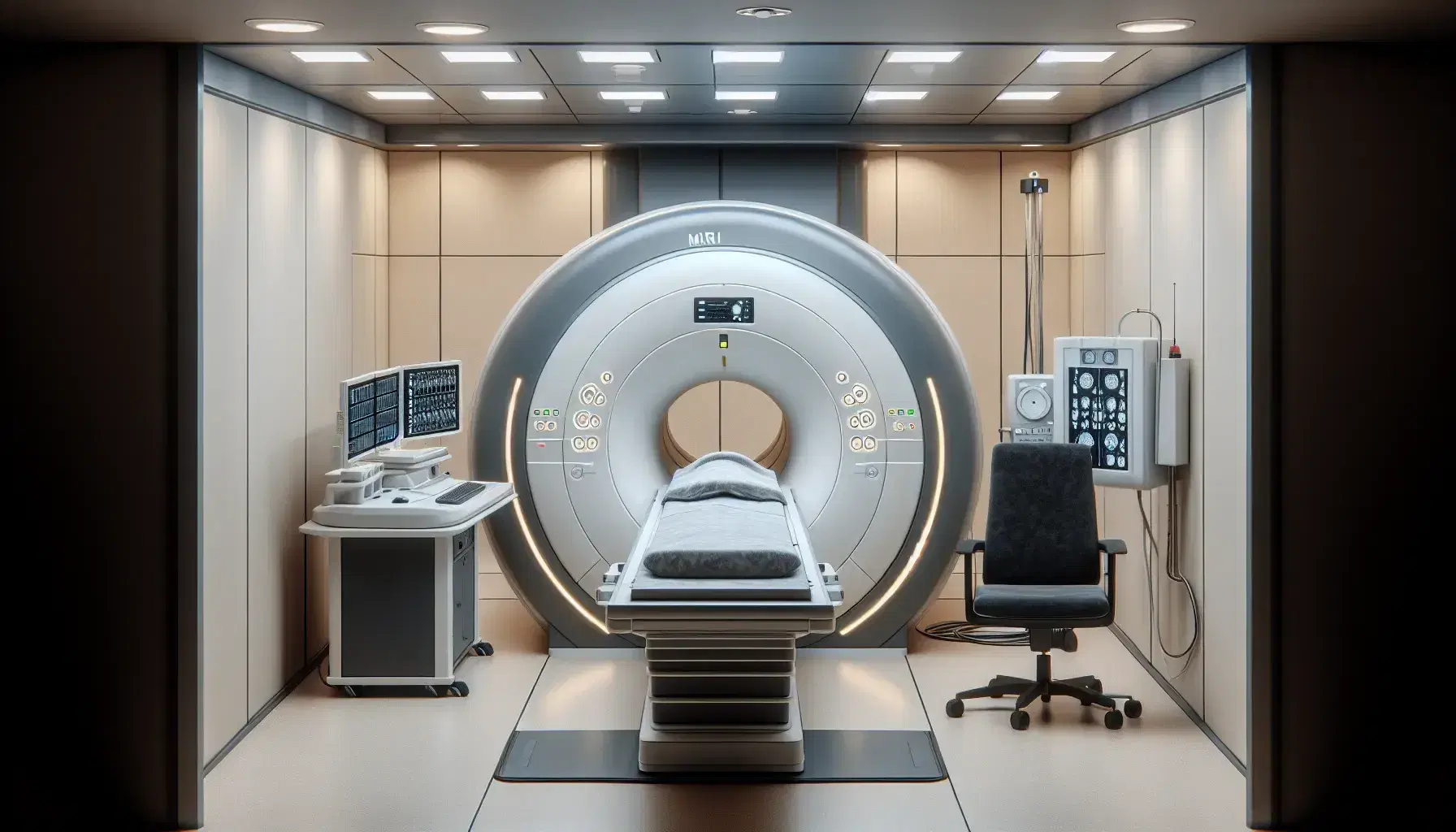 Sala de resonancia magnética funcional con máquina de MRI central, camilla gris, consola de control y silla de oficina negra, iluminación suave y decoración clínica.
