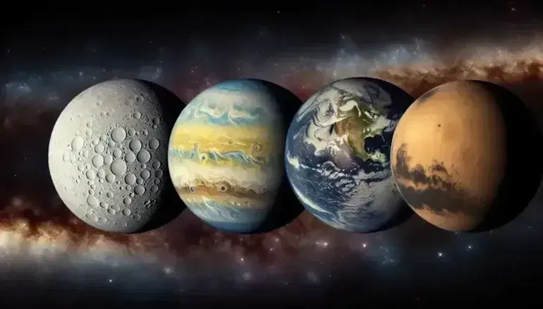 Terrestrial planets of the solar system in a row: gray and cratered Mercury, pale yellow and cloudy Venus, blue and green Earth, red Mars.