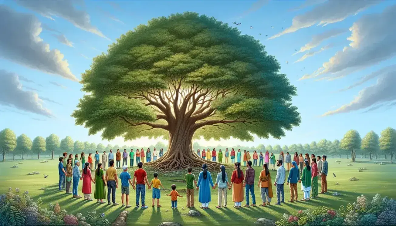 Grupo diverso de personas disfrutando de la sombra de un árbol frondoso en un día soleado, reflejando tranquilidad y conexión con la naturaleza.
