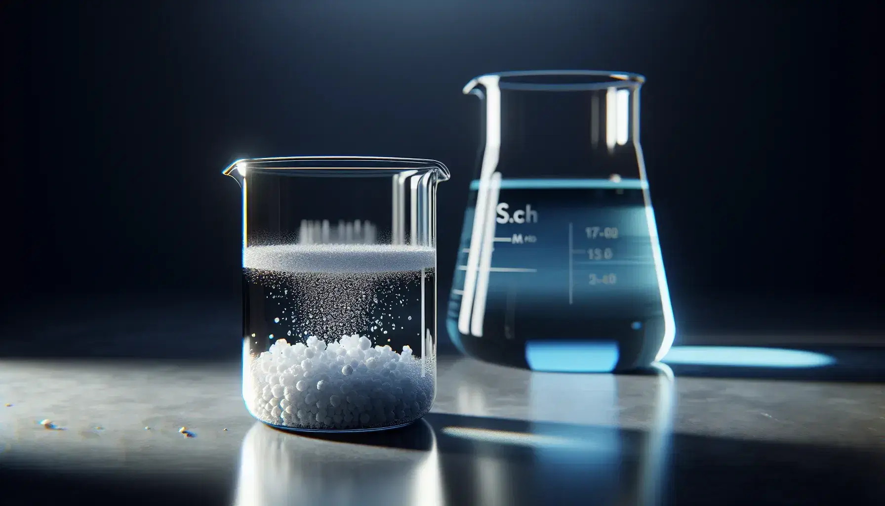Glass beaker with saturated solution and white crystals at the bottom on black surface, second beaker with transparent blue liquid without precipitate.