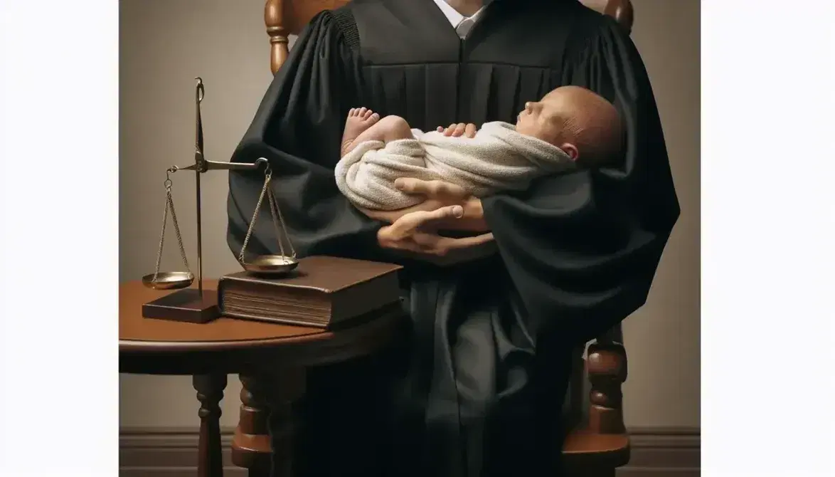 Newborn baby wrapped in a white blanket held by a person in a black judicial robe, sitting on a wooden chair, next to a golden scales of justice.