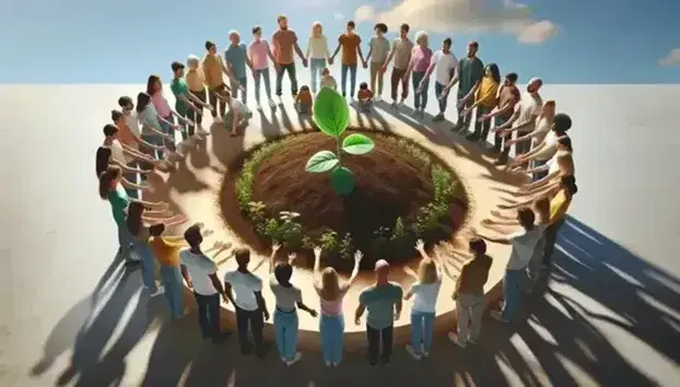 Grupo diverso de personas unidas en círculo alrededor de una joven planta en suelo fértil, extendiendo sus manos en gesto de apoyo bajo un cielo despejado.