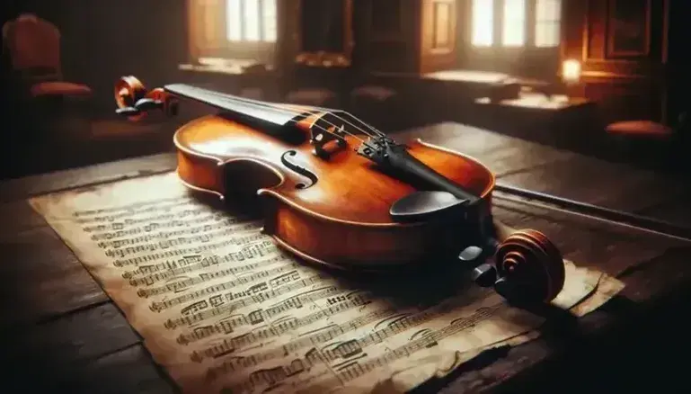 Violino barocco su spartito antico, legno lucido e archetto curvo su sfondo di interni d'epoca con luce soffusa.