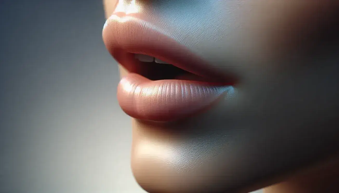 Close-up profile view of a human mouth with slightly parted lips against a gradient blue to gray background, highlighting the natural lip contour.