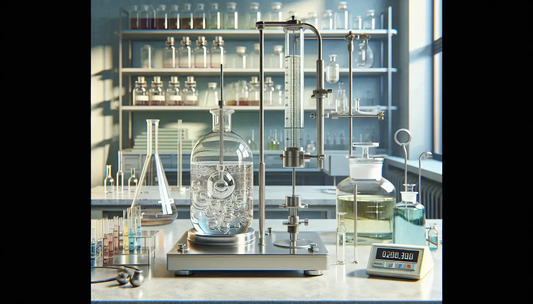 Laboratorio científico con equipo de termo dinámica, mesa con cilindro de vidrio y pistón, termómetro en líquido y balanza analítica.