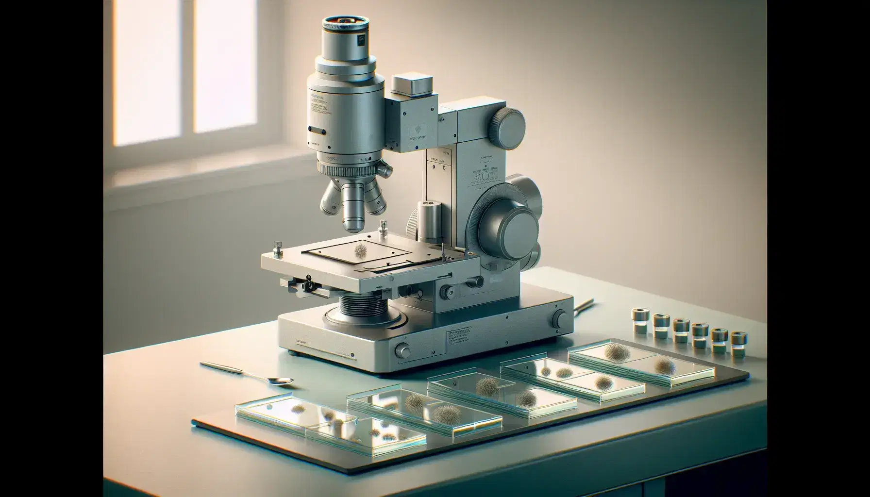 Microscopio elettronico a scansione grigio metallico su tavolo da laboratorio con serie di vetrini preparati per osservazione campioni biologici.