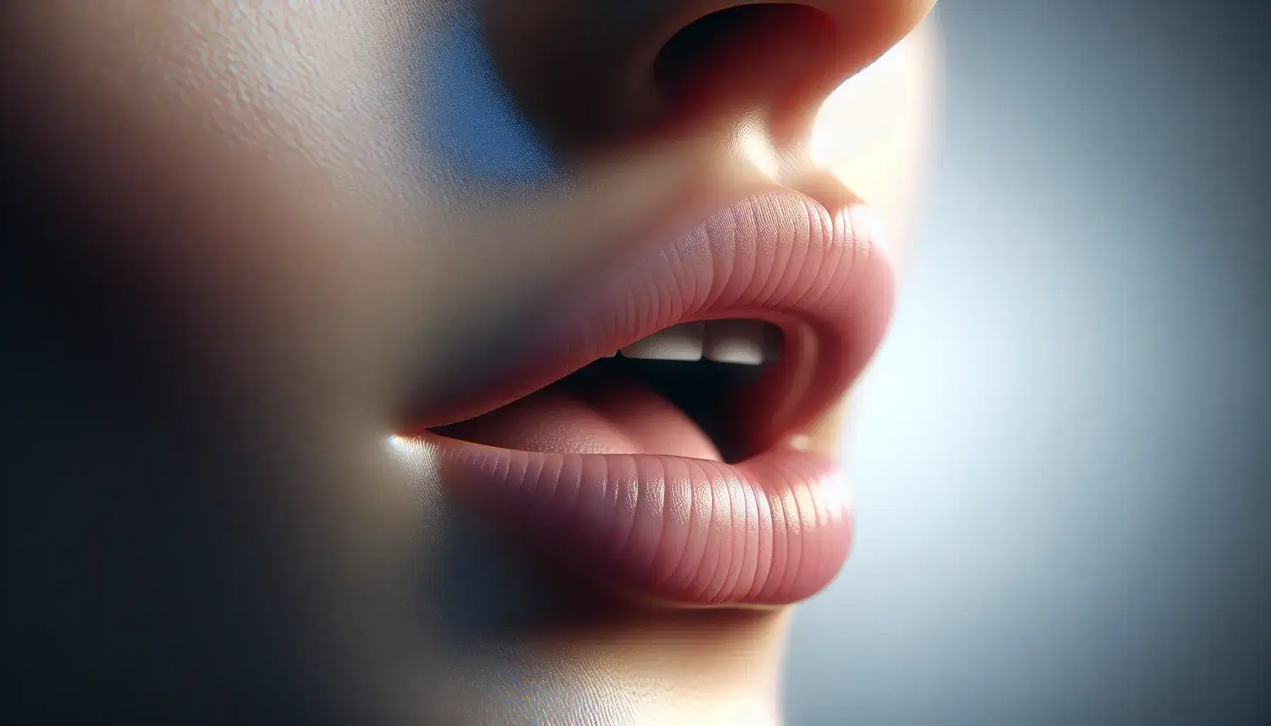 Close-up view of a human mouth speaking, with parted pink lips and a light peach skin tone against a soft blue and white blurred background.