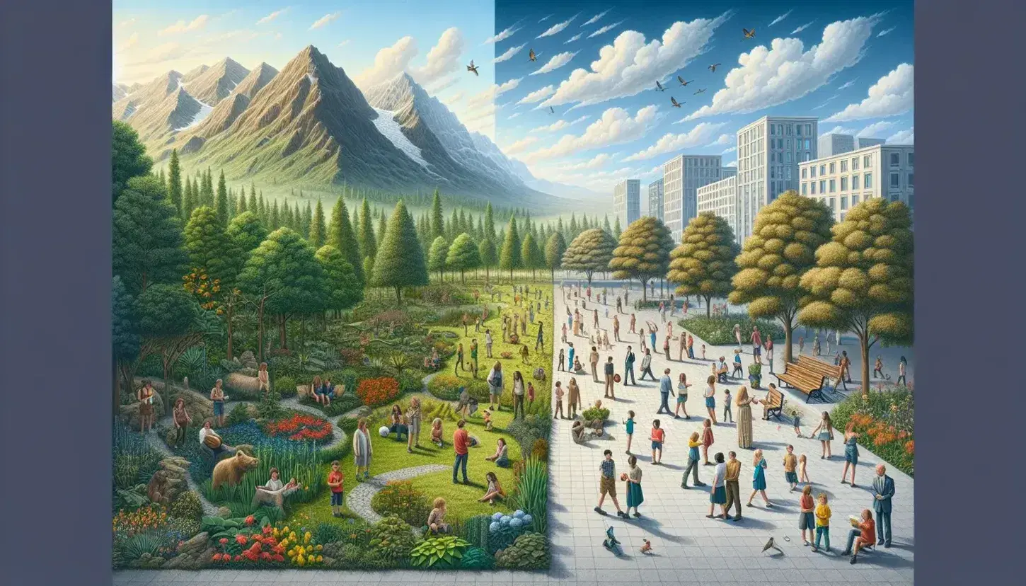 Paisaje natural con plantas verdes y flores coloridas junto a montañas nevadas a la izquierda, y plaza urbana con personas interactuando a la derecha.