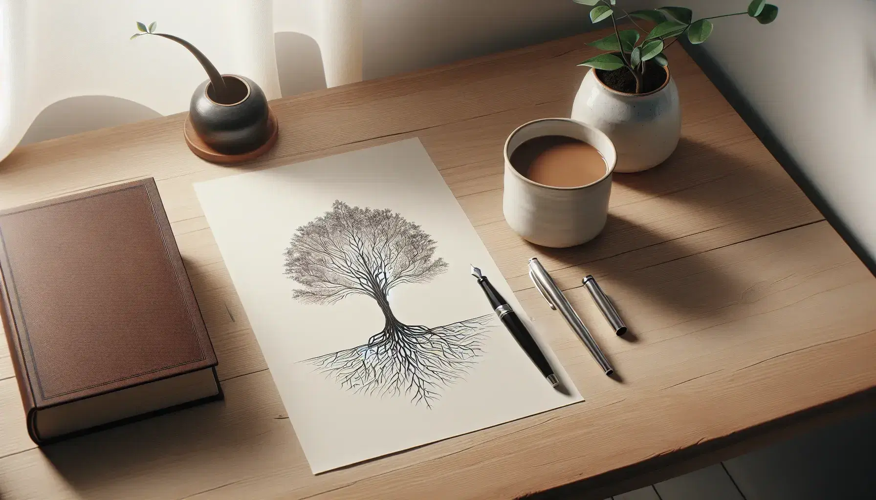 Scrivania in legno chiaro con foglio bianco e disegno di albero, penna stilografica, tazza di caffè fumante, libro aperto e pianta in vaso.