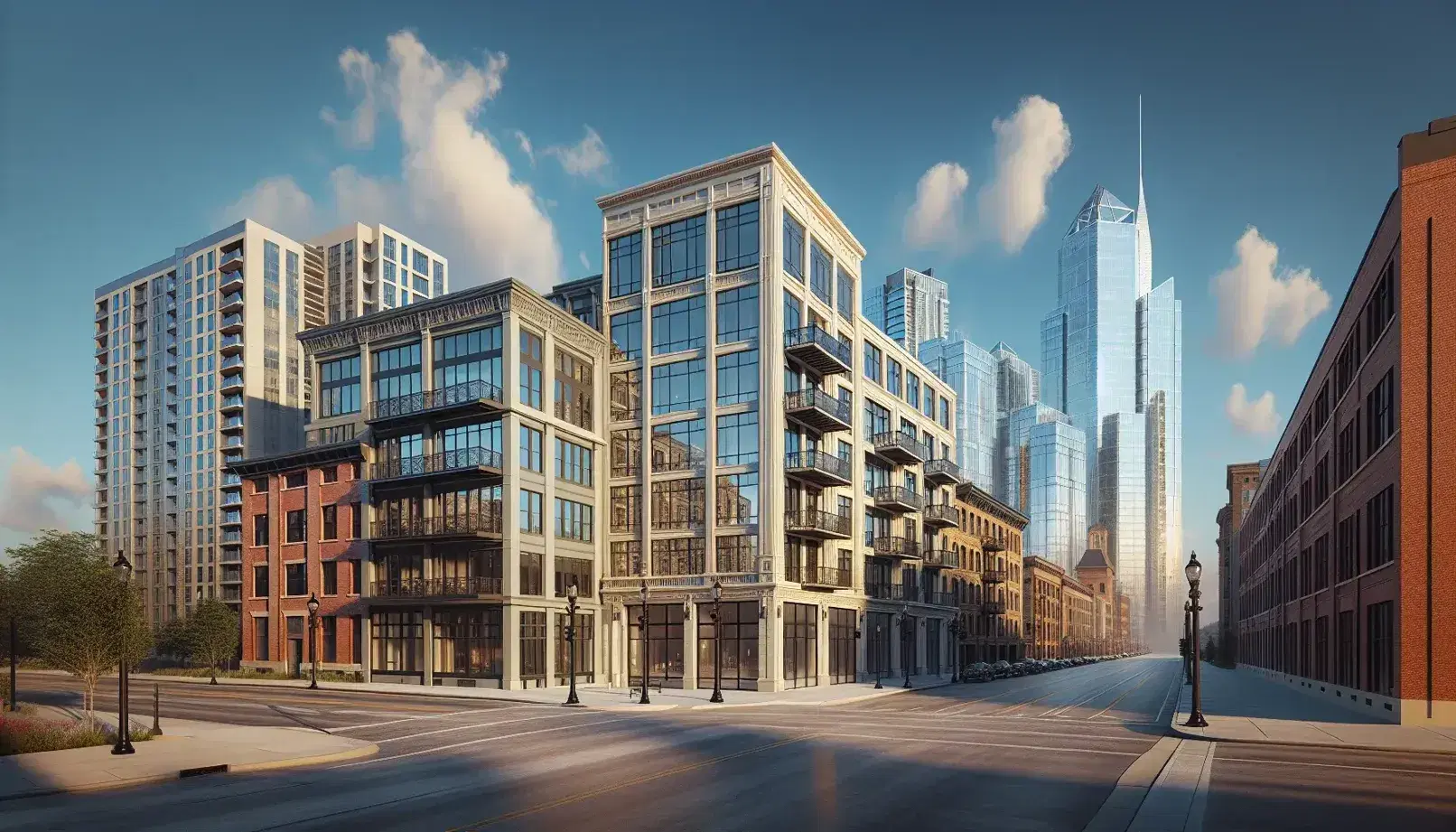 Vista urbana con edificios modernos y antiguos bajo cielo azul, destacando rascacielos de cristal y construcción de ladrillo rojo, sin personas ni tráfico.