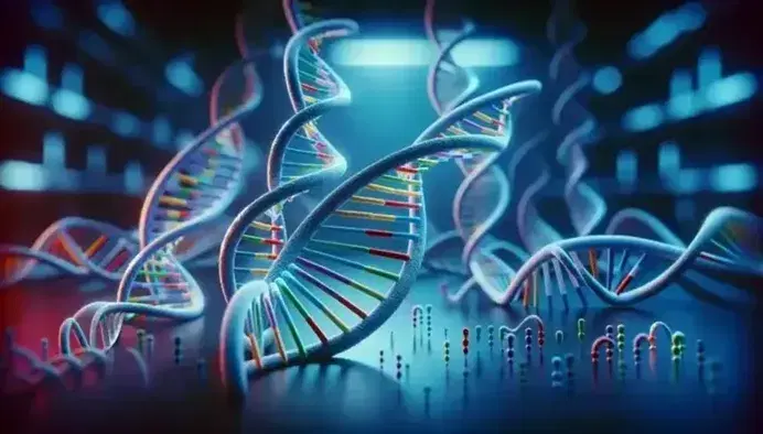 Struttura tridimensionale di una doppia elica del DNA con basi azotate colorate in primo piano e sfondo sfumato blu-viola.
