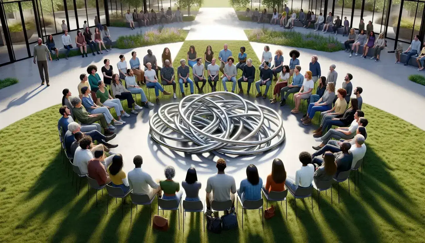 Grupo diverso de personas en conversación alrededor de una escultura metálica abstracta en un parque, reflejando inclusión y diálogo sin dispositivos electrónicos.