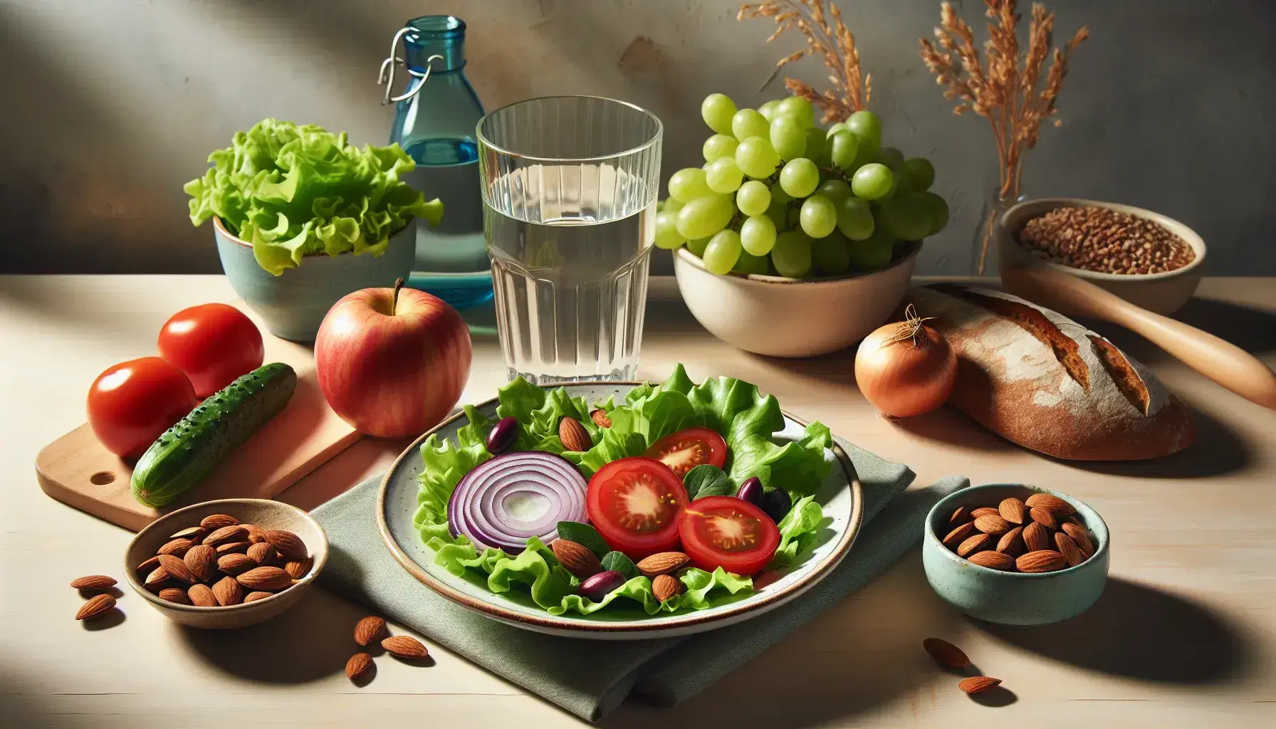 Mesa de madera clara con alimentos saludables, ensalada verde en plato con borde azul, vaso de agua, almendras, manzana roja, uvas verdes y zanahoria pelada.