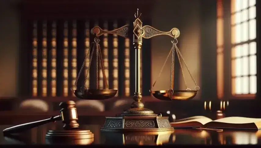 Bilancia antica in equilibrio con piatti dorati e incisioni, martello da giudice e libro legato in pelle su piano in legno, in ambiente da tribunale.