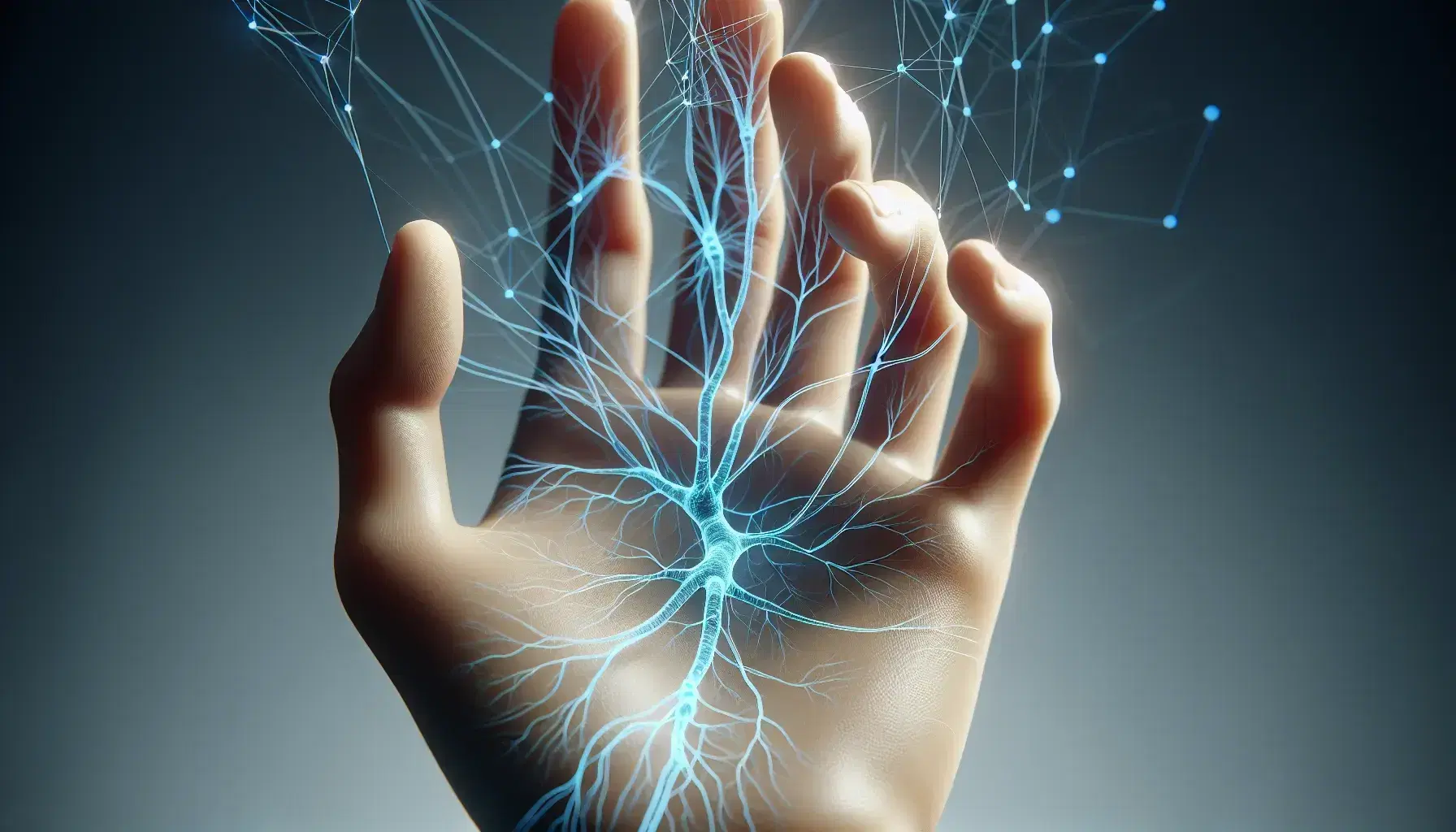 Mano humana con palma hacia arriba sosteniendo red de neuronas tridimensionales semi-transparentes de color azul eléctrico sobre fondo gris neutro.