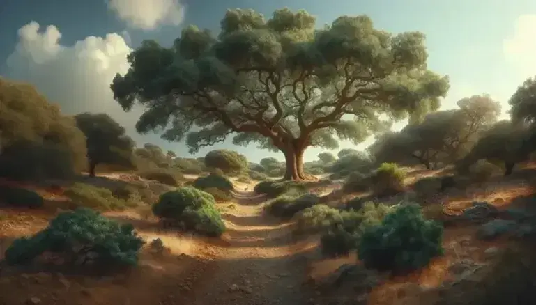 Paesaggio mediterraneo con quercia da sughero, sottobosco variegato, sentiero con figura umana e cane, cipressi in lontananza e cielo sereno.