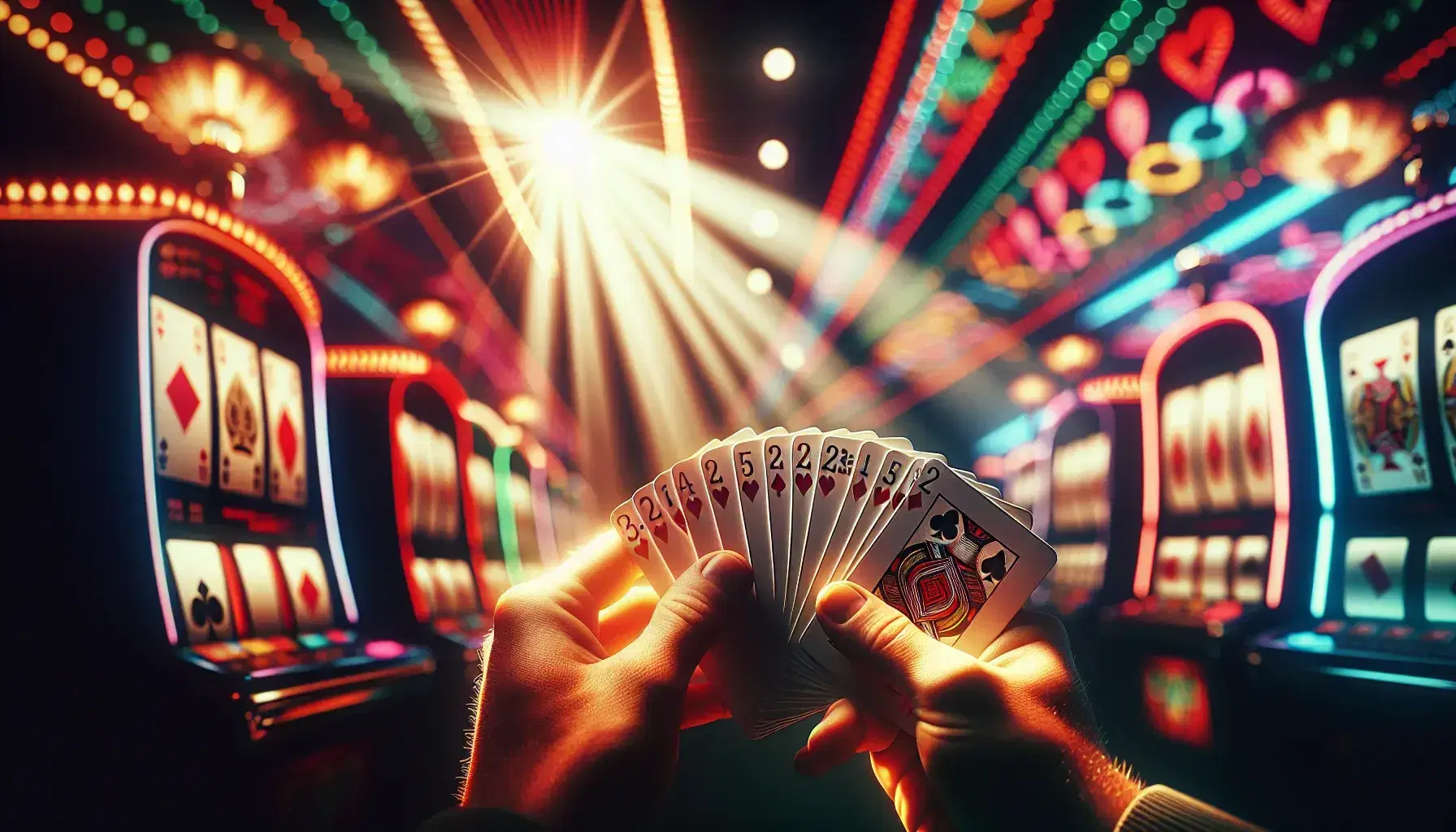 Close-up view of hands with a fanned deck of playing cards, poised to select one, against a blurred casino backdrop with bright slot machine lights.