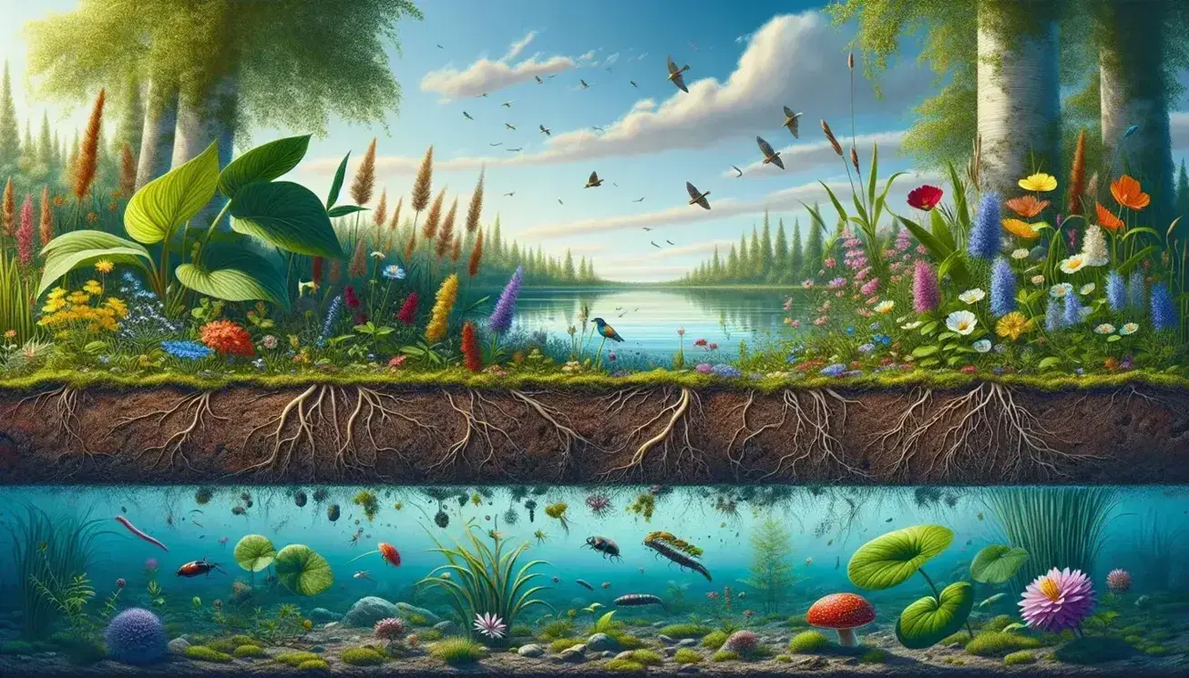 Paisaje natural con suelo marrón, raíces y fauna del suelo, plantas verdes, flores multicolores, agua tranquila, cielo azul con nubes y aves volando, árboles con hojas cayendo y luz solar suave.