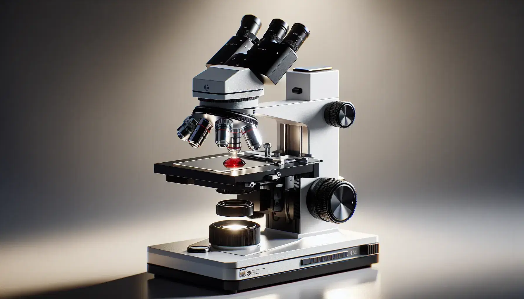 Microscopio óptico de laboratorio moderno enfocando una gota de sangre en portaobjetos, con oculares negros y objetivos metálicos.