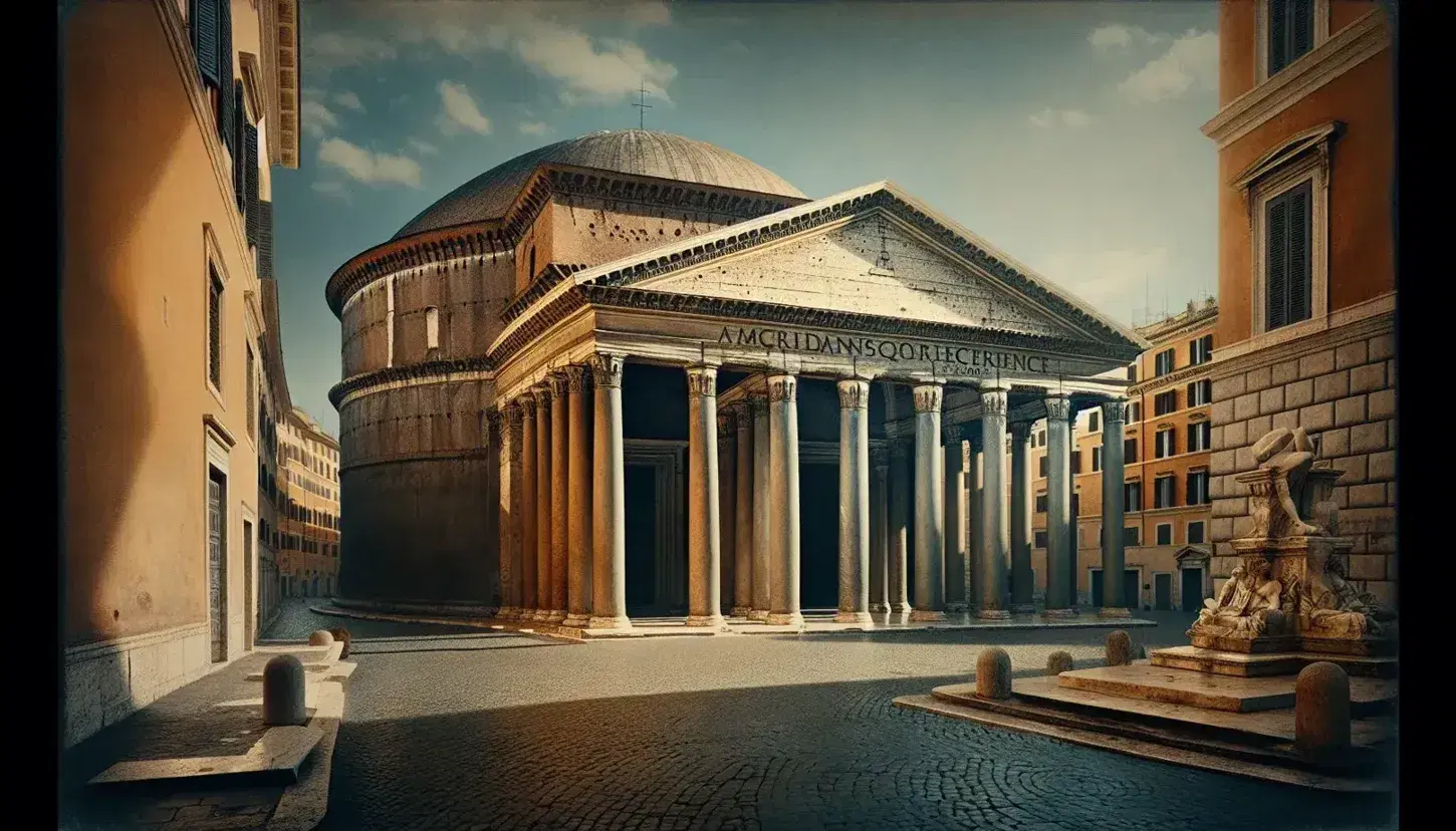 Il Pantheon di Roma con colonne corinzie e cupola emisferica sotto un cielo azzurro, ombre nette e piazza in pietra deserta.