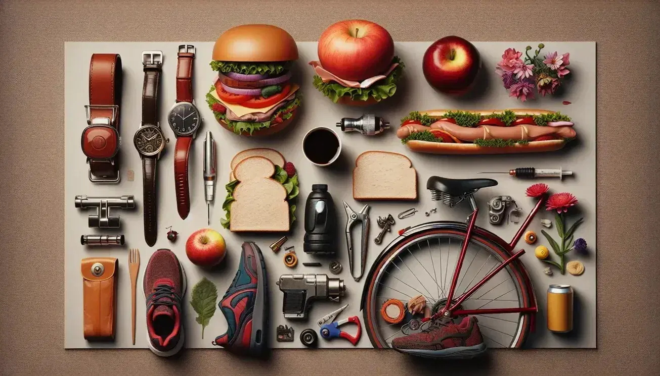 Composizione fotografica di beni durevoli e non, con orologio, bicicletta, scarpe, mela, sandwich, fiori, mani con cacciavite e bicchiere, tastiera musicale, cuffie, tazza di caffè e tè.