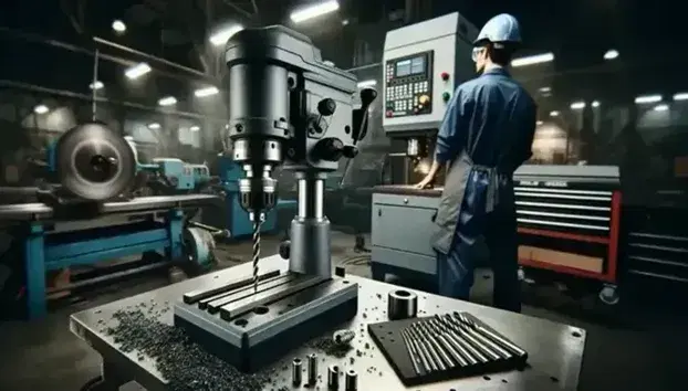 Taller mecánico industrial con taladro de banco metálico, brocas de diferentes tamaños y operario programando CNC al fondo.