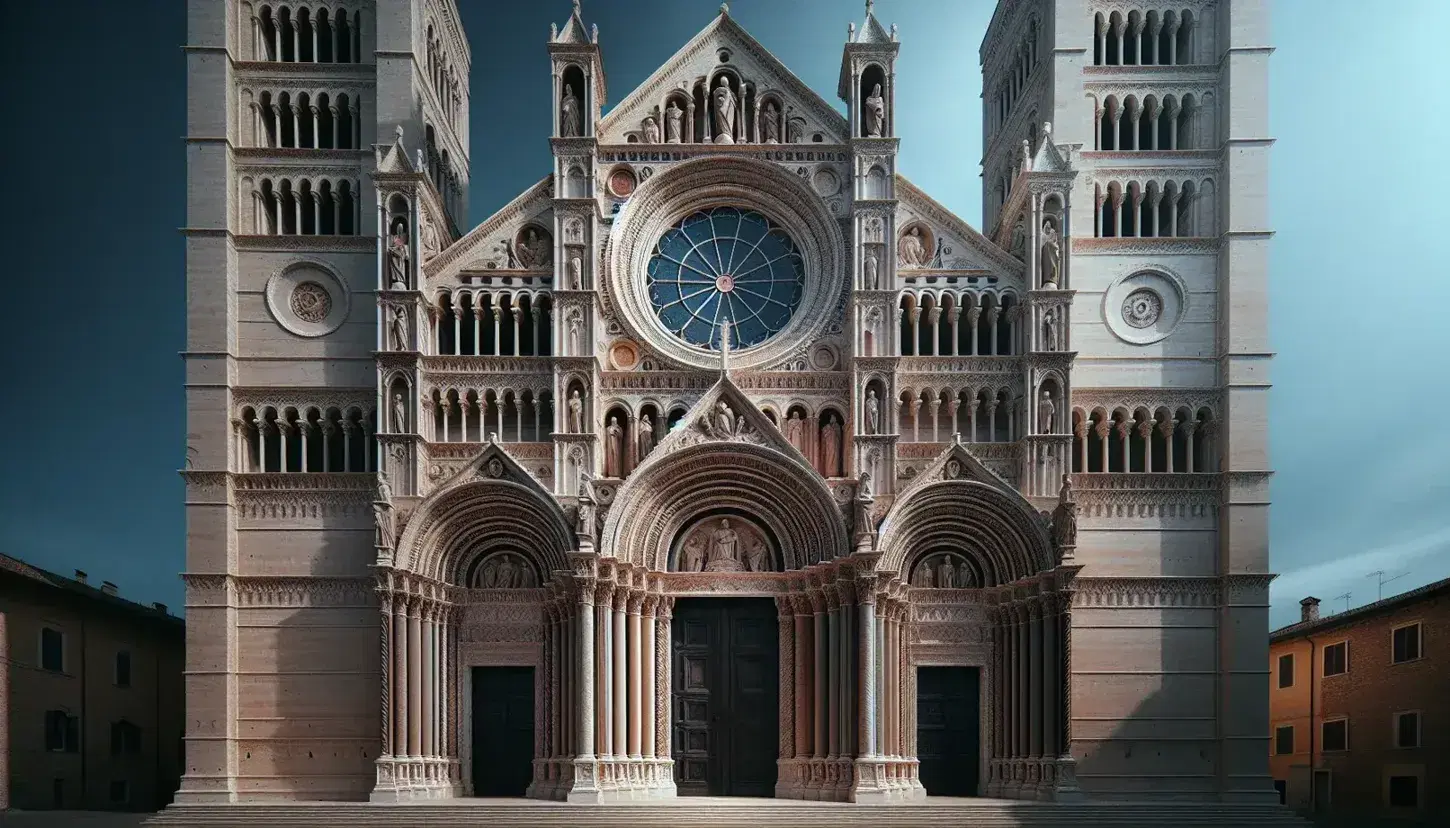 Facciata del Duomo di Modena con portale centrale incorniciato da colonne scolpite, grande rosone e torri campanarie simmetriche su cielo azzurro.