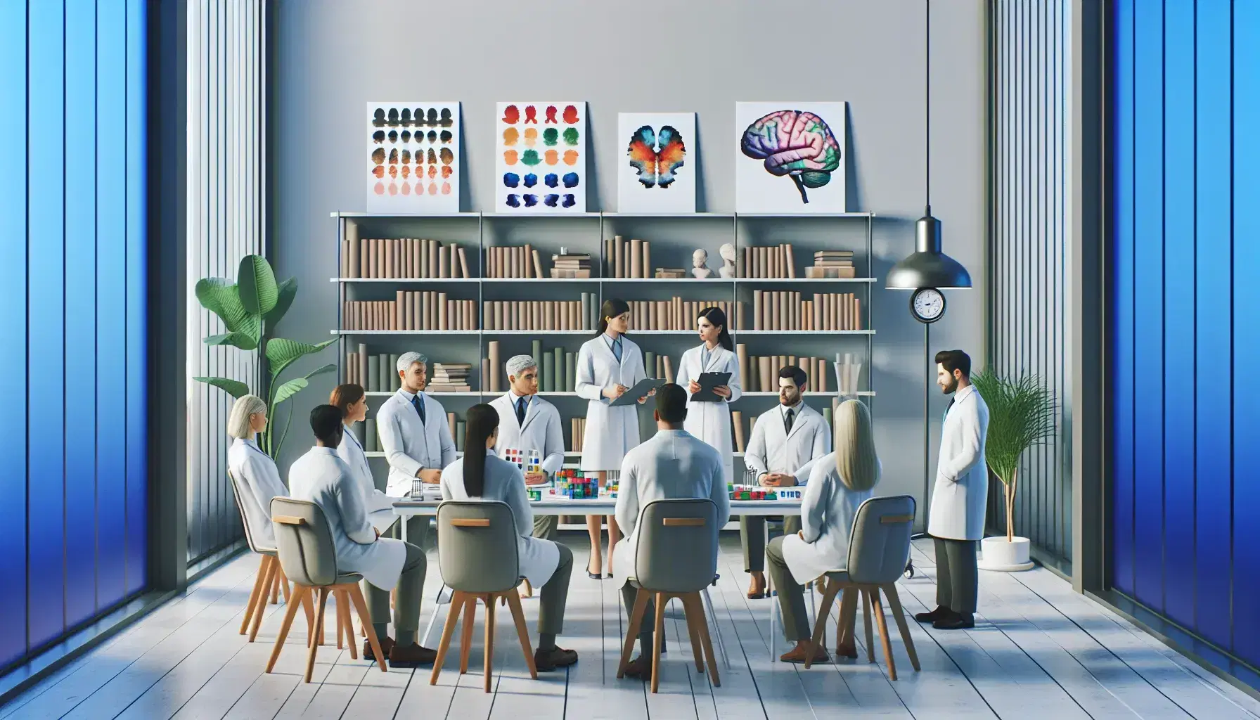 Psychology laboratory with several professionals in white coats discussing around a table with Rorschach tests and colored blocks.