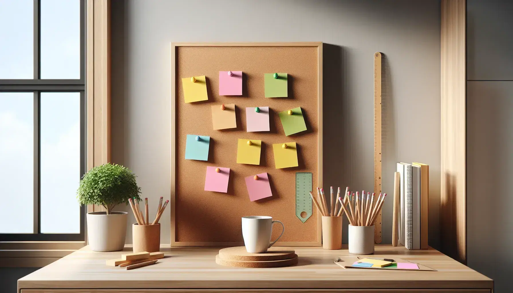 Tablero de corcho con notas adhesivas coloridas, lápices, regla, planta y taza de café sobre mesa de madera iluminada por luz natural.
