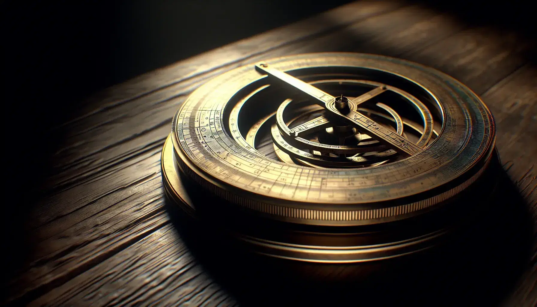 Astrolabe antiguo de bronce sobre superficie de madera oscura, con anillos concéntricos grabados y disco fijo en el centro, iluminado suavemente.