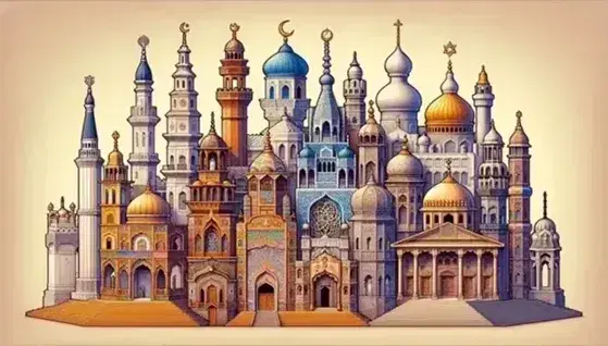 Panorama of different religious structures in semicircle: Christian church, mosque, Hindu temple, Buddhist pagoda, Sikh gurdwara and synagogue.