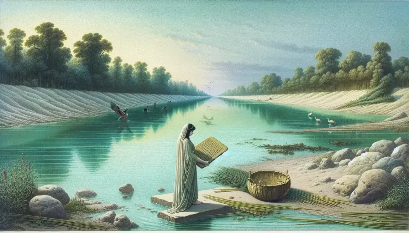 Paesaggio fluviale al mattino con donna in abito chiaro e cesto di giunchi, tavoletta cuneiforme in primo piano e riflessi di alberi sull'acqua.