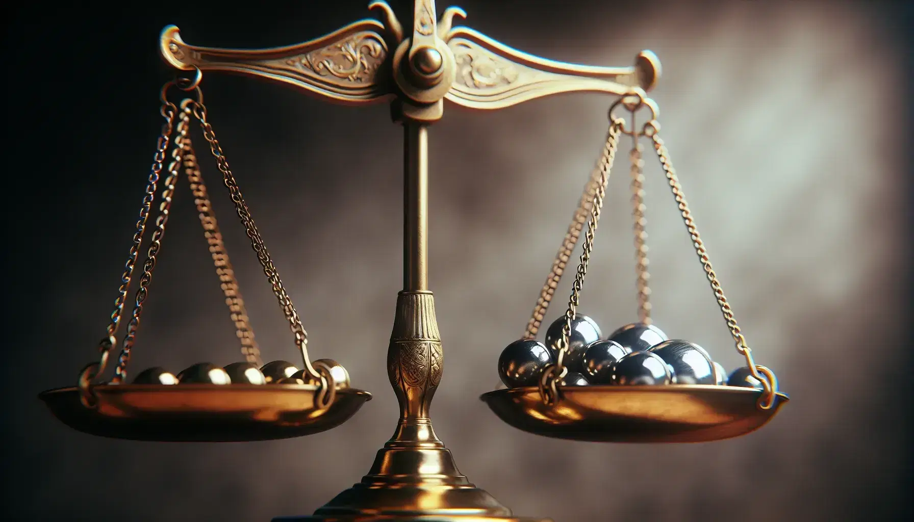 Brass two-pan scale with one pan lowered containing round metal weights and the other empty on a blurred background.