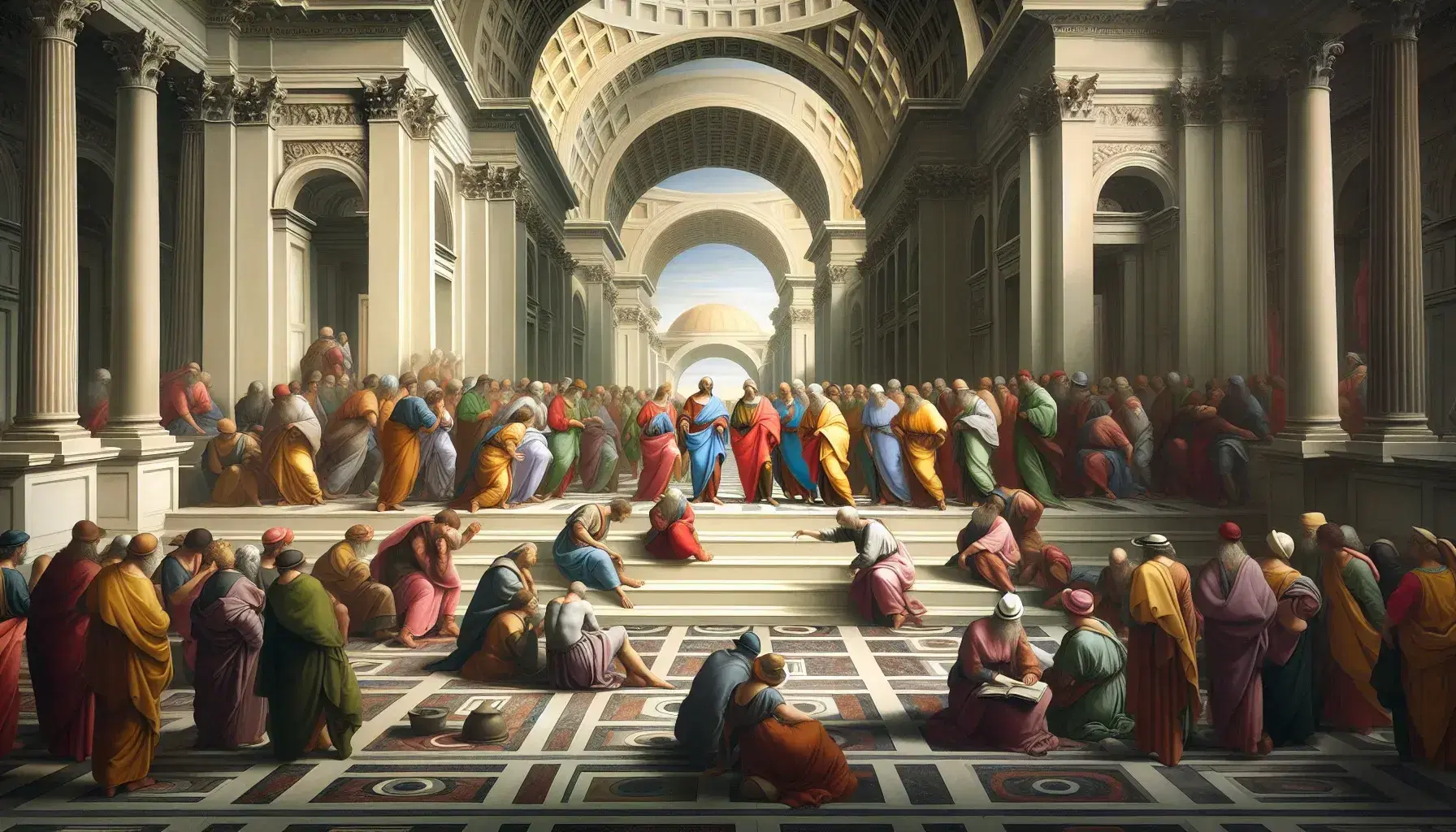 Escena inspirada en 'La Escuela de Atenas' de Rafael con figuras en túnicas coloridas dentro de una arquitectura clásica, debatiendo y estudiando bajo cúpulas y arcos.