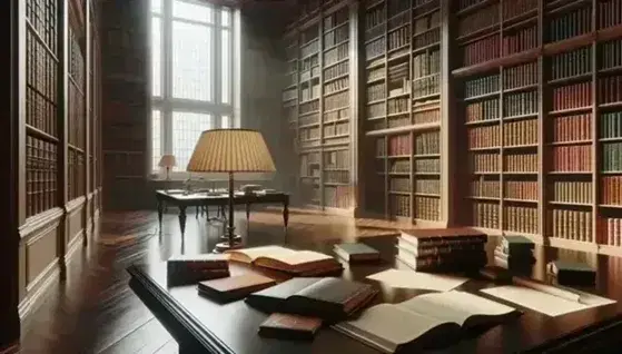 Biblioteca luminosa con scaffali in legno chiaro pieni di libri rilegati, tavolo con libri aperti, lampada accesa e finestra che illumina l'ambiente.