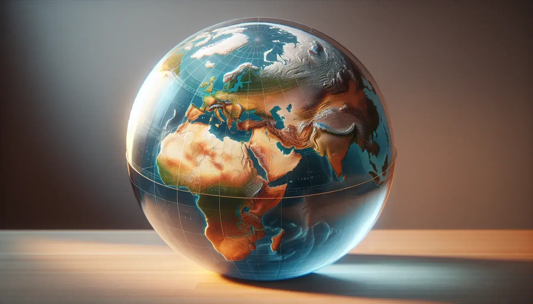 Mappamondo fisico senza scritte su tavolo chiaro, con rilievi montuosi e depressioni oceaniche evidenti, Europa e Africa centrali.