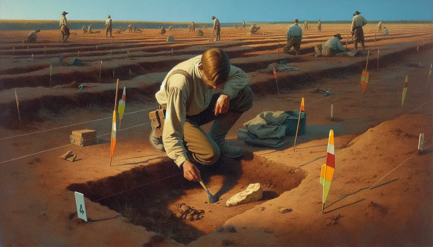 Excavación arqueológica con investigador limpiando cuidadosamente un fragmento óseo en suelo marrón, marcadores de colores y equipo trabajando al fondo bajo cielo despejado.