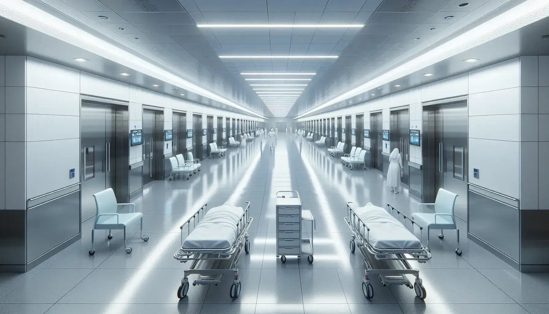 Corredor hospitalario moderno con camillas metálicas, sillas de espera azules y personal médico al fondo, iluminado por luces fluorescentes.