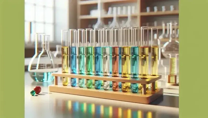 Provette di vetro con soluzioni colorate arcobaleno su supporto in legno in laboratorio luminoso, senza segni o persone.