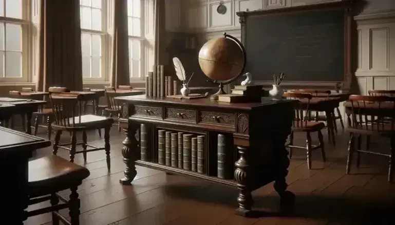 Aula antigua con mesa de madera oscura, globo terráqueo sepia, libros encuadernados en cuero, pluma y tintero, silla curvada y pizarra negra sin escritura, iluminada por ventana con cortinas beige.