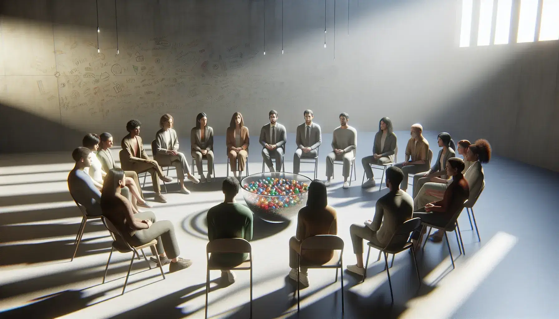 Multi-ethnic group sitting in a circle in a bright room with a transparent bowl full of colored stones in the center.
