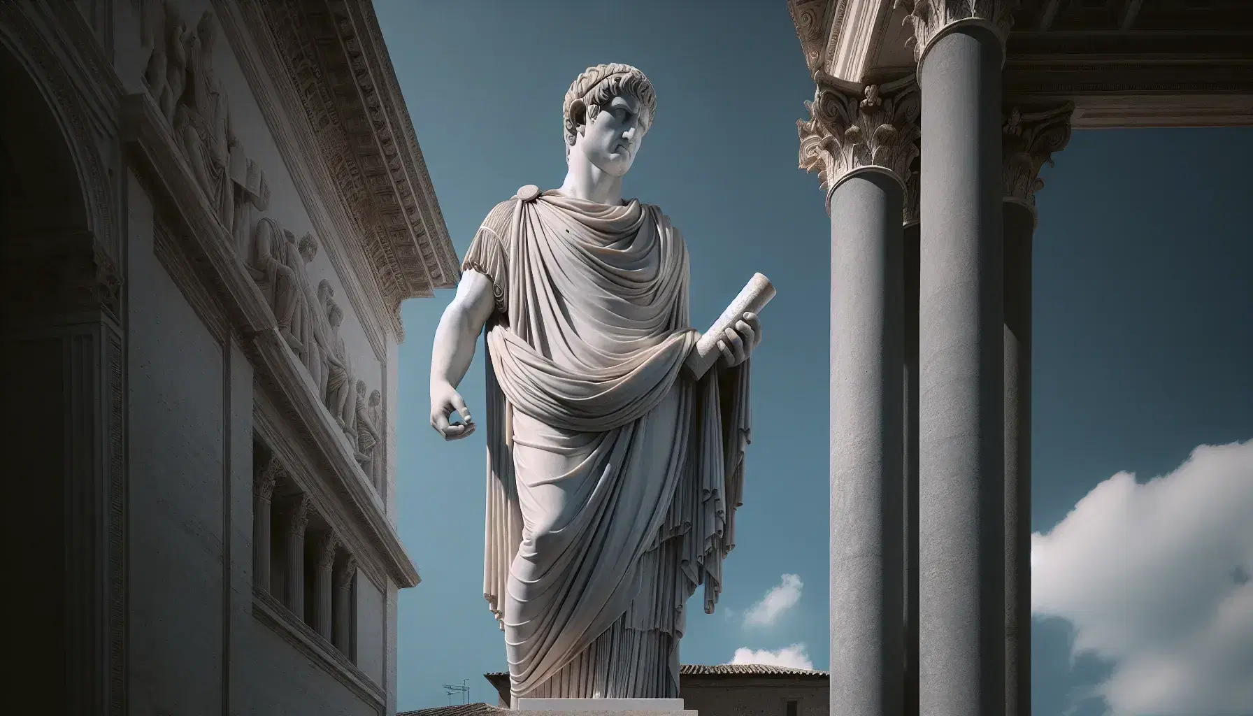 Statua in marmo di Catone il Giovane con toga, pergamena e spada, su sfondo di colonne romane e cielo azzurro.