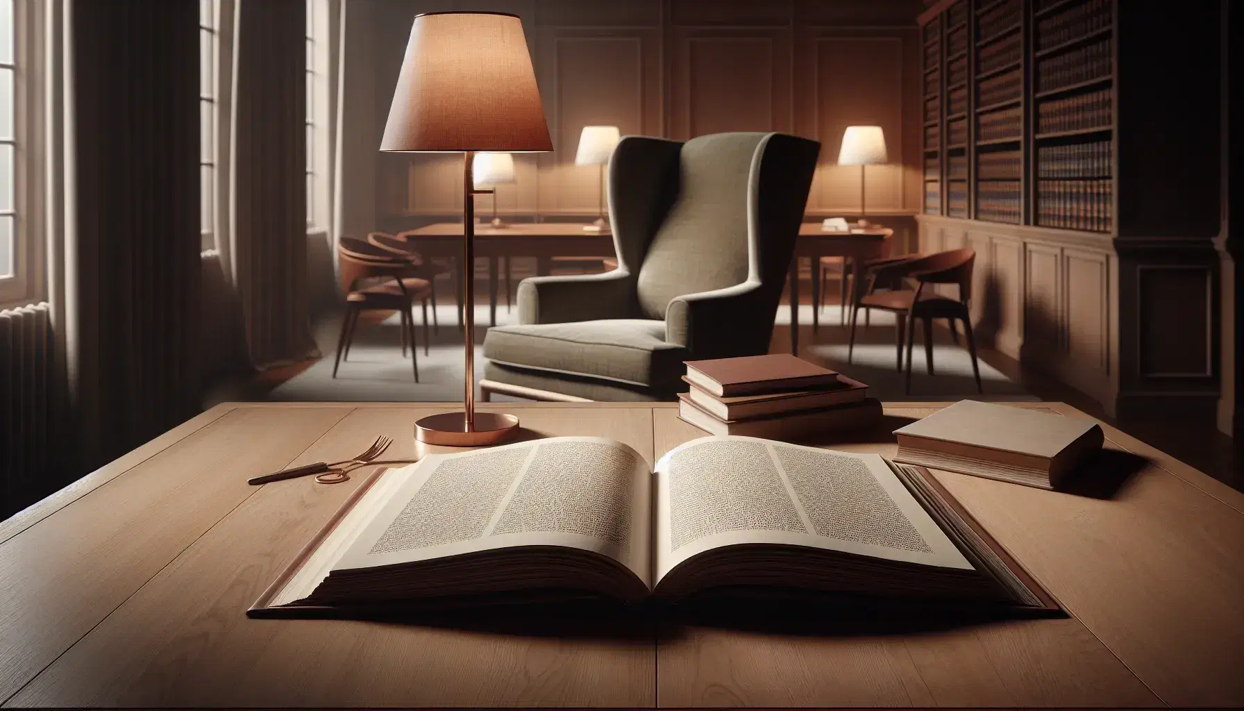 Peaceful library with wooden table and open book, green armchair, floor lamp and shelves full of blurry books.