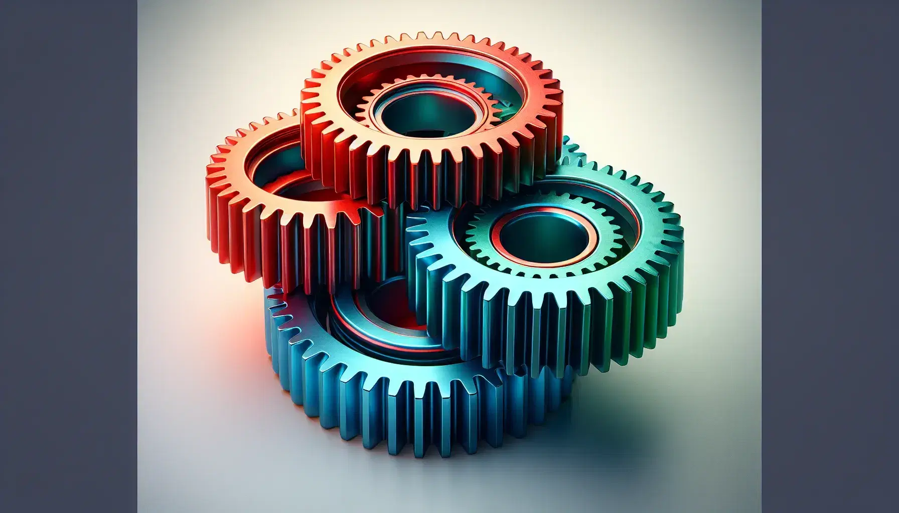 Three interlocking gears in red, blue, and green, arranged from smallest to largest, set against a light gray background, illustrating mechanical connectivity.