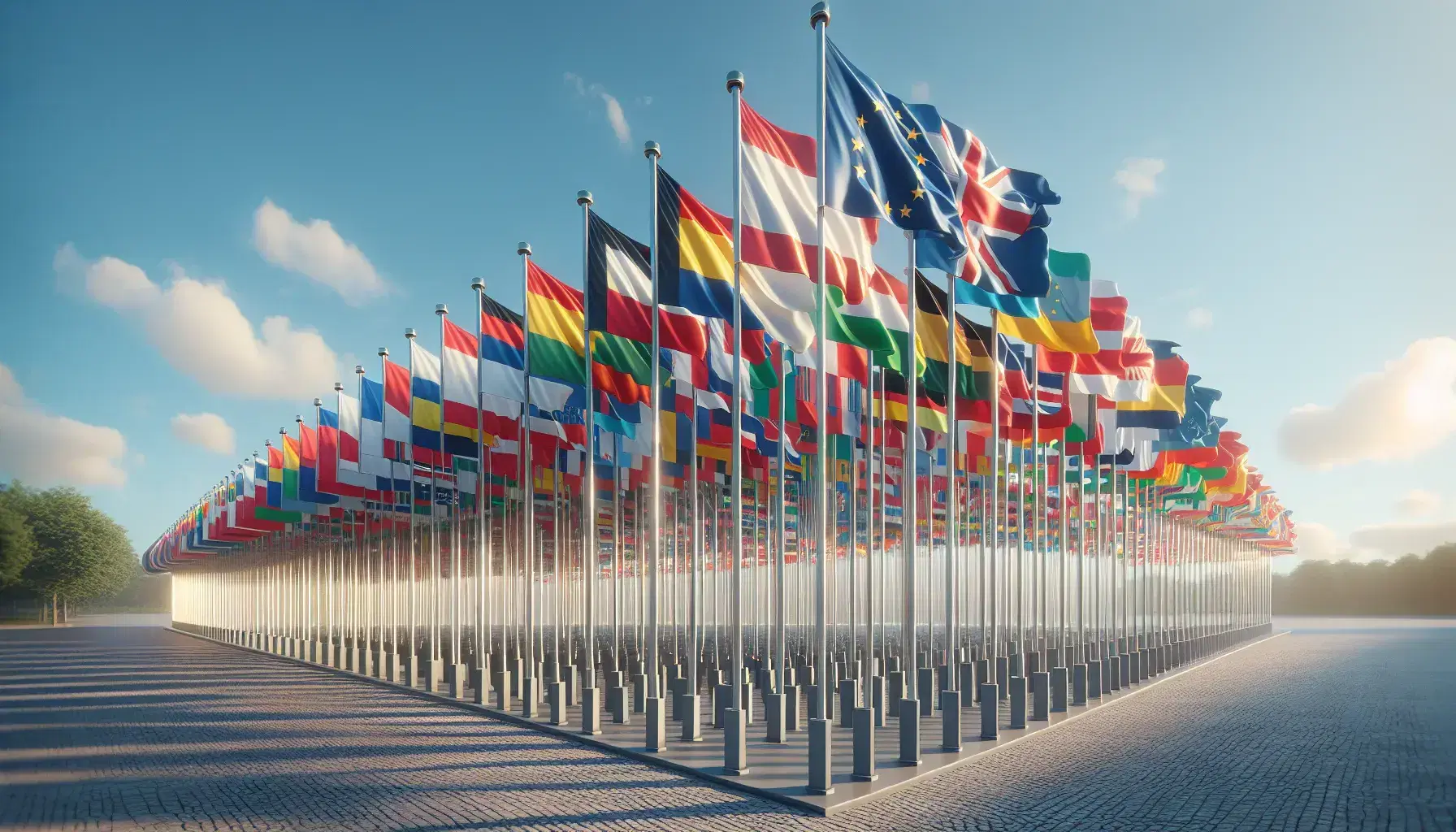 Bandiere nazionali europee ondeggianti su aste metalliche contro cielo azzurro, simbolo di unità e diversità in un incontro internazionale.