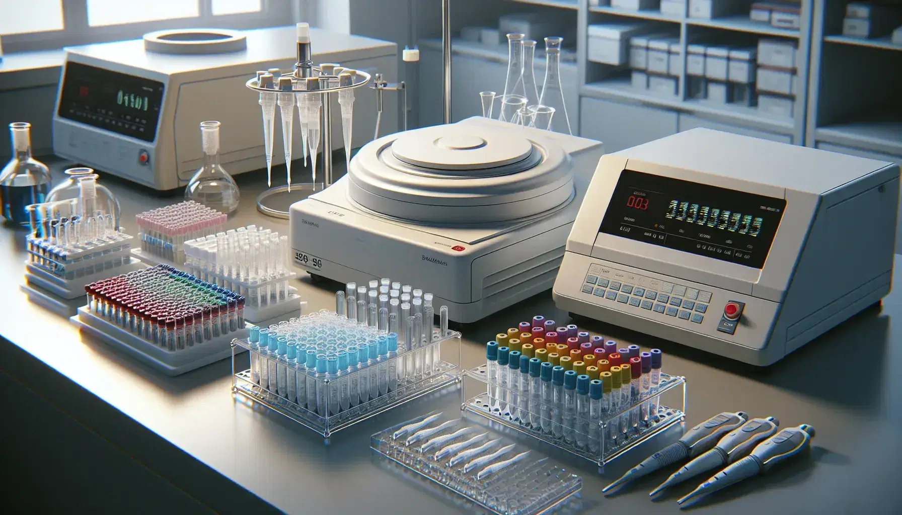 Laboratory workbench with a microcentrifuge, PCR machine, color-coded micropipettes, microcentrifuge tubes, and a digital scale, with a technician using a microscope.