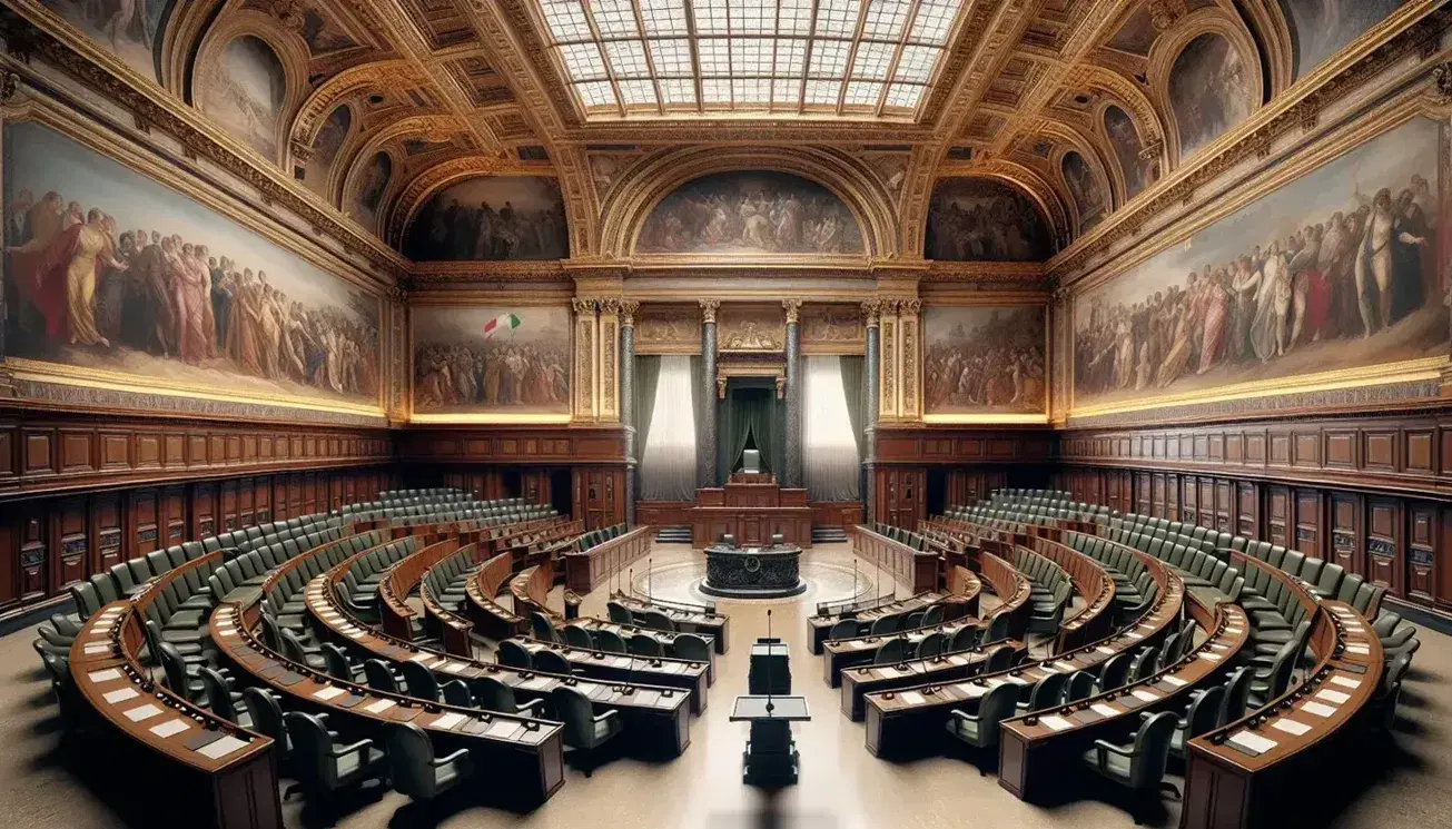 Sala parlamentare italiana vuota con scrivanie a semicerchio, sedili in pelle verde, podio centrale e affreschi sulle pareti.