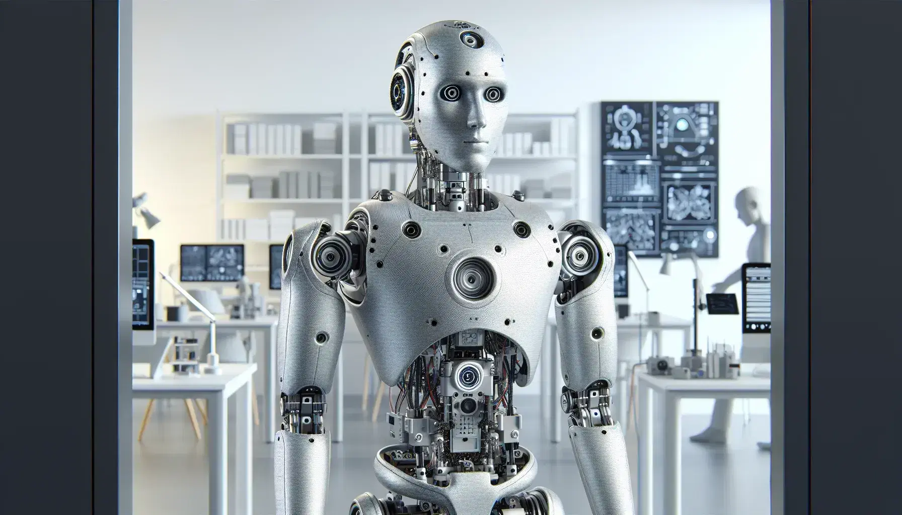 Robot humanoide de aspecto moderno en laboratorio de investigación con computadora y componentes electrónicos, destacando su estructura metálica y sensores avanzados.