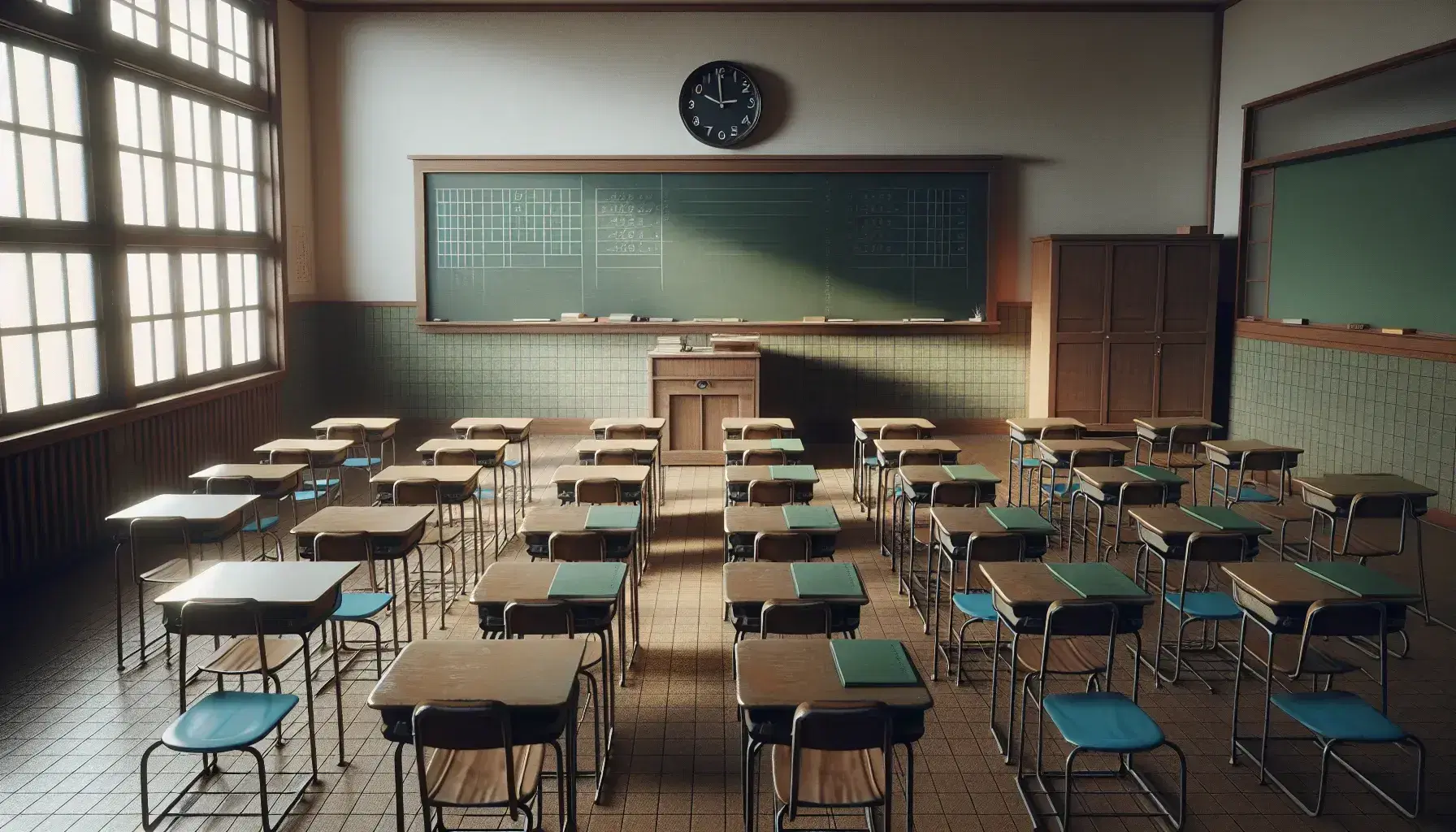 Aula escolar vacía con pupitres de madera y sillas de metal con asientos azules, pizarra verde sin marcas y reloj de pared.